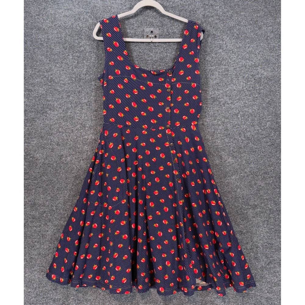 Effies Heart Dress Women Large Navy Blue Strawberry Polka Dot Heart Button Retro